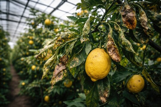 Citrus crop with lemon tree displaying leaf curl and disease signs in greenhouse