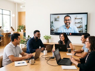 Fototapeta premium Diverse professional team collaborating in a modern office during a hybrid meeting with a remote colleague on a large screen