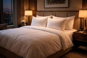 Obraz premium Hotel room interior showcasing an empty bed topped with plush white pillows