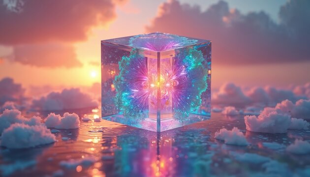 Abstract fractal pattern inside glass cube floats on water surface. Colorful light refracts, creating shimmering reflections. Clouds and sunset sky form background.