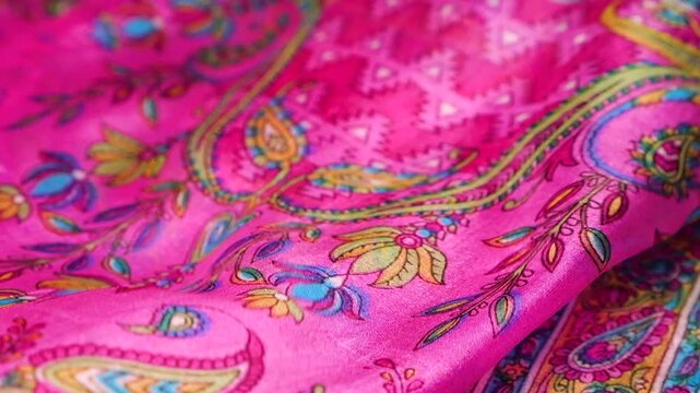 Natural pink silk fabric with paisley pattern waving in the wind. Abstract cloth waves of magenta and turquoise colors creating a fluid background. Smooth textile motion of a luxury material.