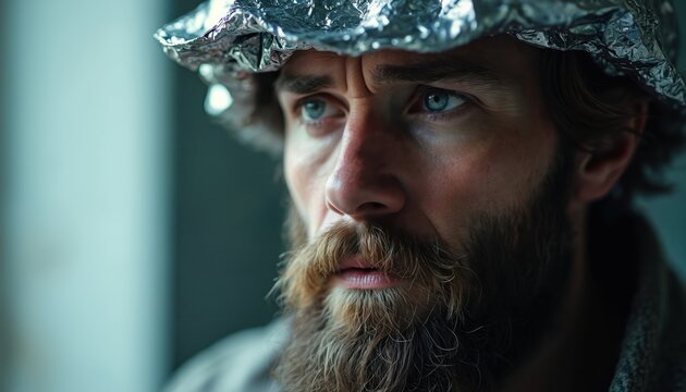 Man with beard wears aluminum foil hat. He looks serious, suspicious, and worried. Person wears homemade cap to block signals, showing paranoia and distrust.