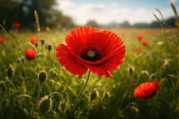 Naklejka premium A bright red poppy blooming vividly in lush green fields on a warm summer day