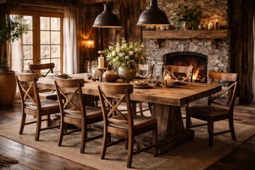 Obraz premium Rustic dining room featuring handcrafted wooden table and matching chairs