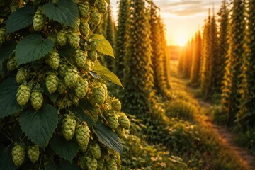 Fototapeta premium Lush hop plants growing in a golden hour field illustrating artisanal beer heritage