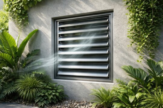 Textured wall design showcasing aluminum louver window surrounded by vibrant green plants for fresh airflow
