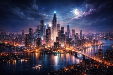 Obraz premium digital painting depicting a luminous city skyline at dreamlike night