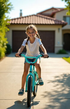 Young girl with braided hair rides aqua bicycle on sunny day. She smiles happily while cycling down suburban street. Child enjoys outdoor activity and freedom on warm summer afternoon.