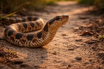 Naklejka premium Alert hognose snake exploring sandy trail with natural textured ground surface