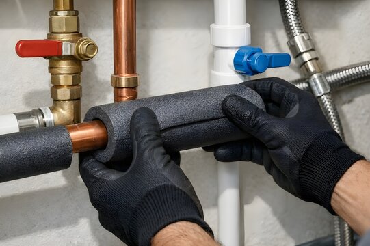 Professional Plumber Installing Pipe Insulation on Residential Water Pipes in Utility Room, Wrapping Foam Insulation Sleeves on Copper and PVC Plumbing Lines for Energy Efficiency Home Maintenance