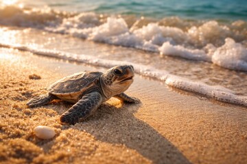 Obraz premium Joyful newborn loggerhead turtle hatchling crawling towards ocean waves on sandy beach