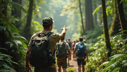 Fototapeta premium Group of hikers walk on path in dense green forest, one man points ahead. People explore nature, travel, go on adventure trip, enjoy outdoors activity.