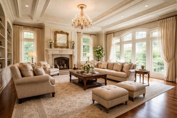 Fototapeta premium Spacious living room of a luxurious traditional house with elegant furnishings and copyspace