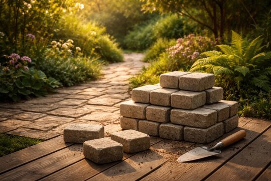 Stone paving blocks arranged on a wooden deck in a lush garden setting