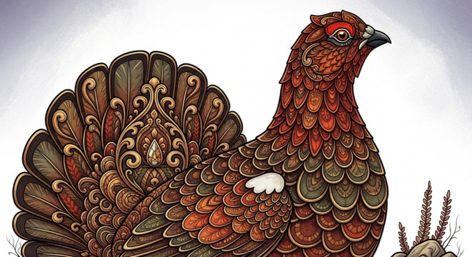 Ornate Grouse Illustration with Intricate Feathers and Decorative Patterns in Earthy Tones