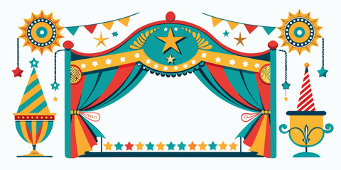 Fototapeta premium Colorful circus carnival stage with stars and curtains, vector