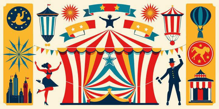 Vintage circus carnival elements set with tent and performers, vector