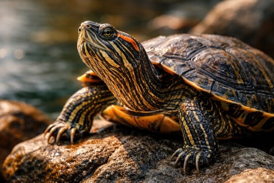 Close up portrait of a Chinese stripe necked turtle basking on rocks