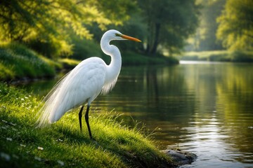 Obraz premium Graceful egret with white plumage standing by tranquil pond on lush green grass