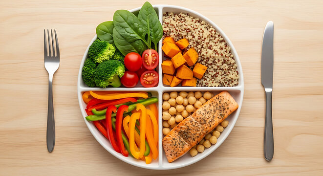 Balanced diet plate, healthy food portions, nutrition concept, meal planning