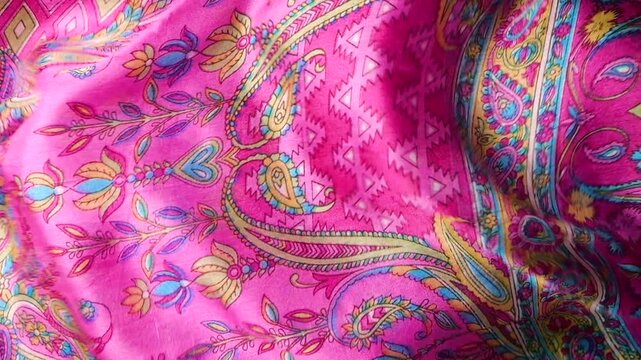 Natural silk fabric with paisley pattern waving in the wind. Pink textile with blue and gold ornaments creating abstract soft waves. Silk texture forming dynamic background with bright oriental print.