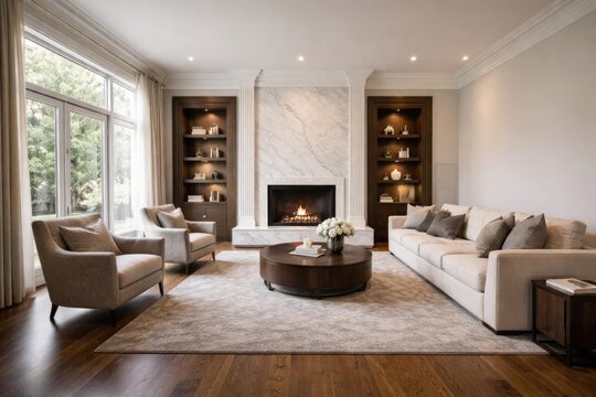 Stylish living room in a luxurious home with armchairs couches hardwood floors and a tall fireplace surround plus copyspace for text