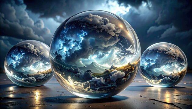Crystal spheres holding miniature dramatic storm clouds with lightning and landscapes