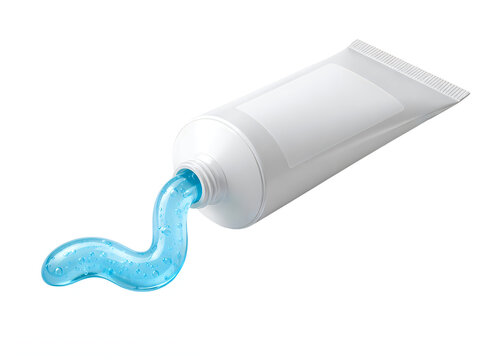 White plastic tube with blue gel squeezing out isolated on transparent background for dental toothpaste or skin care cosmetic packaging mockups and hygiene product design presentation for branding.