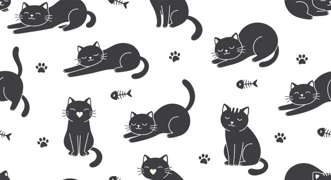 Cute Black Cats Seamless Pattern with Sitting and Playing Kitty Silhouettes