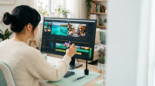 Young woman video editor working on travel footage in a bright home office using professional software