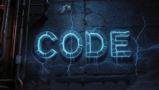 Glowing Code Word on Cracked Concrete Wall