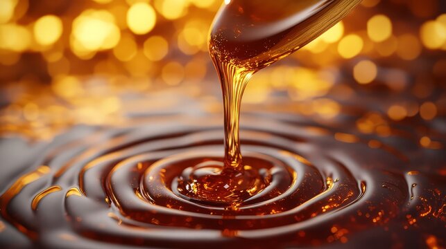 Rich golden honey pours from a spoon creating concentric ripples in a warm glowing amber liquid with soft bokeh background and luxurious cinematic light effects