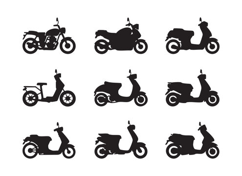 Motorcycle and scooter silhouettes collection set featuring various modern and vintage bike models.