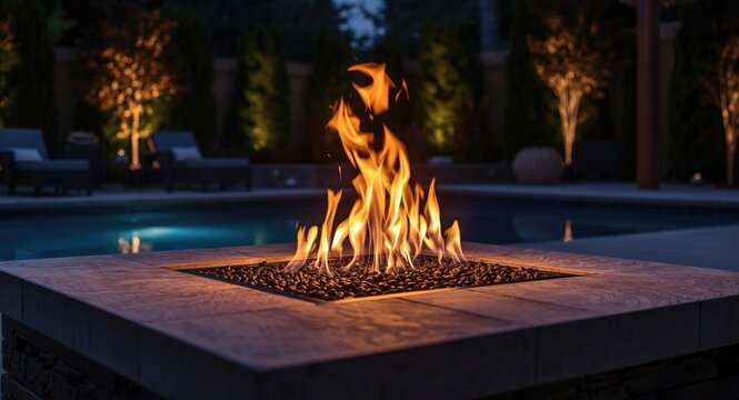 Stylish warmth from gas fire pit with black glass at poolside area