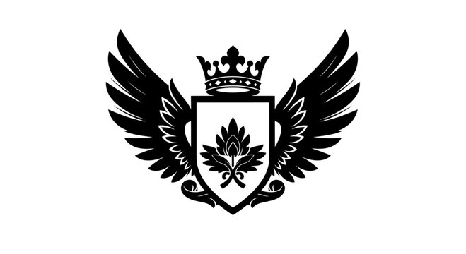 Black and white crest with wings and crown.