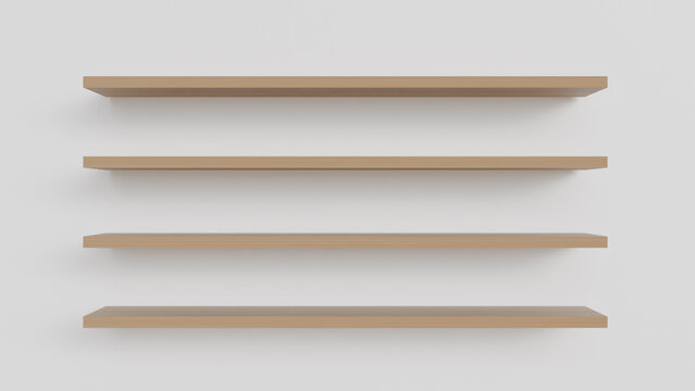 Four empty wooden wall shelves against a light background for product placement, interior design, object presentation
