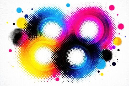 Vibrant CMYK color mode circular patterns featuring halftone dot gradients with white backdrop