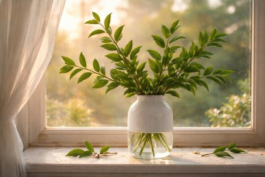 Elegant display of ruscus branches in water filled white jar during spring dawn