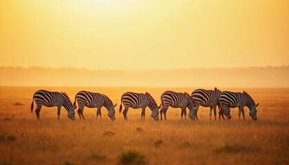 Obraz premium A herd of zebras graze in dry grassland under a warm hazy sunrise sky. The animals stand in a line eating grass in an open savanna landscape. Africa wildlife scene with sun light.