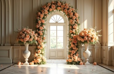 Obraz premium Elegant floral archway with peach roses decorates classical interior. Large vases hold rose bouquets. Sunlight streams through arched window casting soft shadows on marble floor.