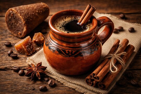 Handmade clay jarrito filled with authentic Mexican coffee and piloncillo accented by cinnamon on a weathered wooden table