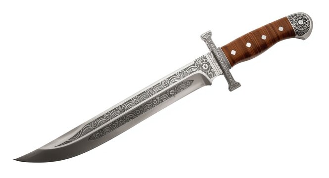 Traditional Nepalese Gurkha kukri knife presented with intricate blade carving isolated