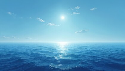 Obraz premium Deep blue ocean water stretches to horizon under clear sky with bright sun. Gentle waves reflect sunlight creating shimmering path. Peaceful seascape with vast tranquil sea and bright sky.