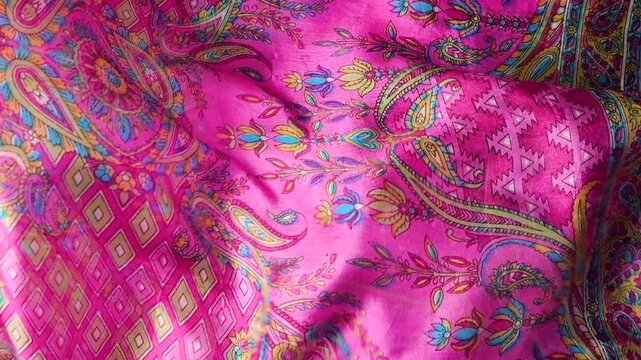 Natural silk fabric with paisley pattern blowing in the wind. Pink textile background with abstract wavy movement. Colorful oriental ornament on flowing soft material. Bright silk cloth texture.