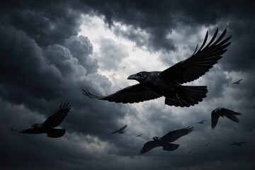 Obraz premium Dark storm clouds backdrop with a group of black ravens in flight