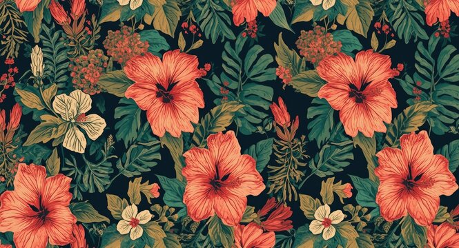 Tropical hibiscus and tribal elements arranged in an abstract vintage patchwork style