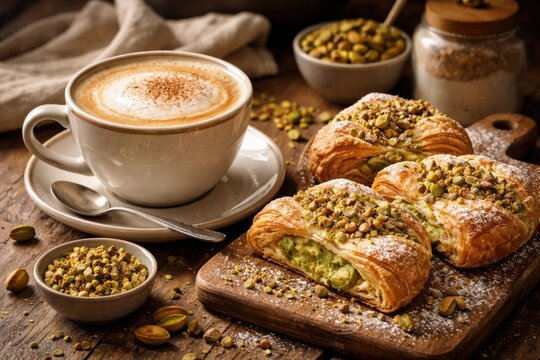 Flavorful cafe au lait alongside homemade pistachio pastries