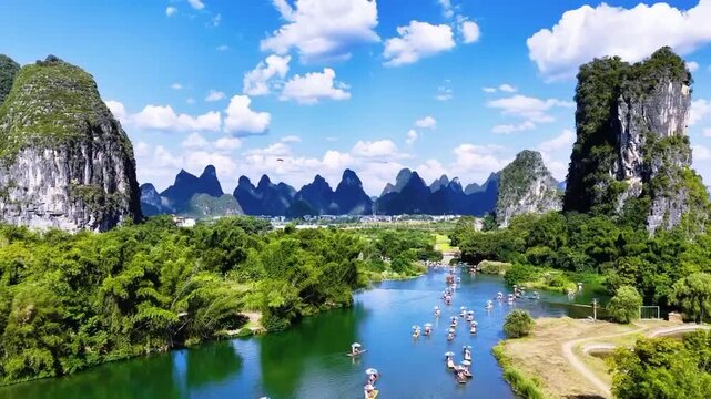 Yangshuo Li River Landscape with Karst Mountains and Bamboo Rafts