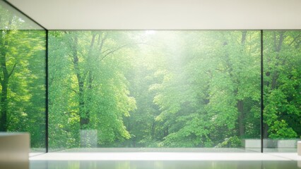 Obraz premium Modern room with large window overlooking lush green forest