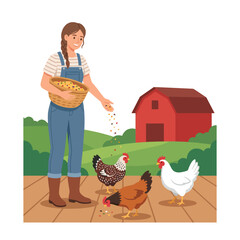 Fototapeta premium A charming depiction of a farmer feeding chickens, highlighting rural life, connecting with nature, and the joys of farming in a colorful and inviting design style.